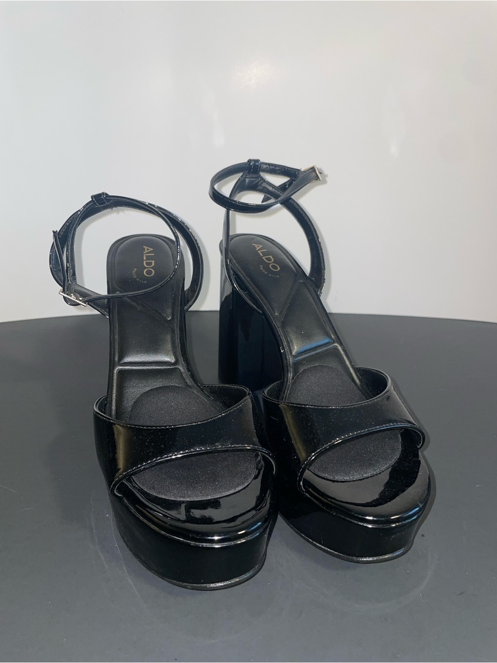 ALDO Black Patent Platform Ankle-Strap Sandals